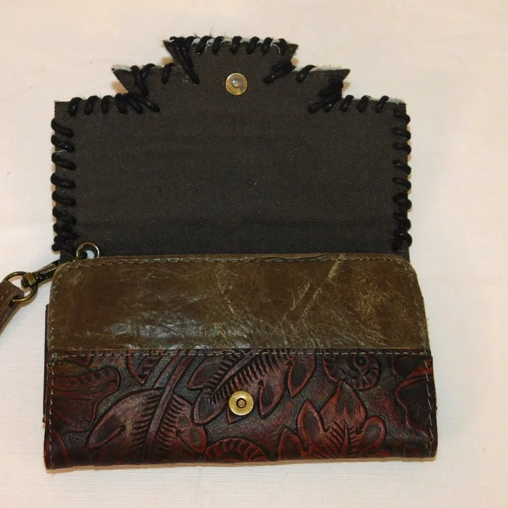 Cowhide, Leather & Tooled Leather With Leaves Phone Case Wallet Wristlet Western